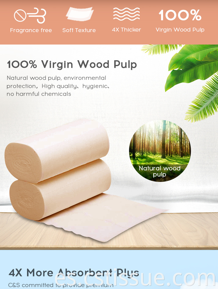 Madera natural sin blanquear fragancia rollo libre de rollo inodorado 4 capas higiénico papel higiénico